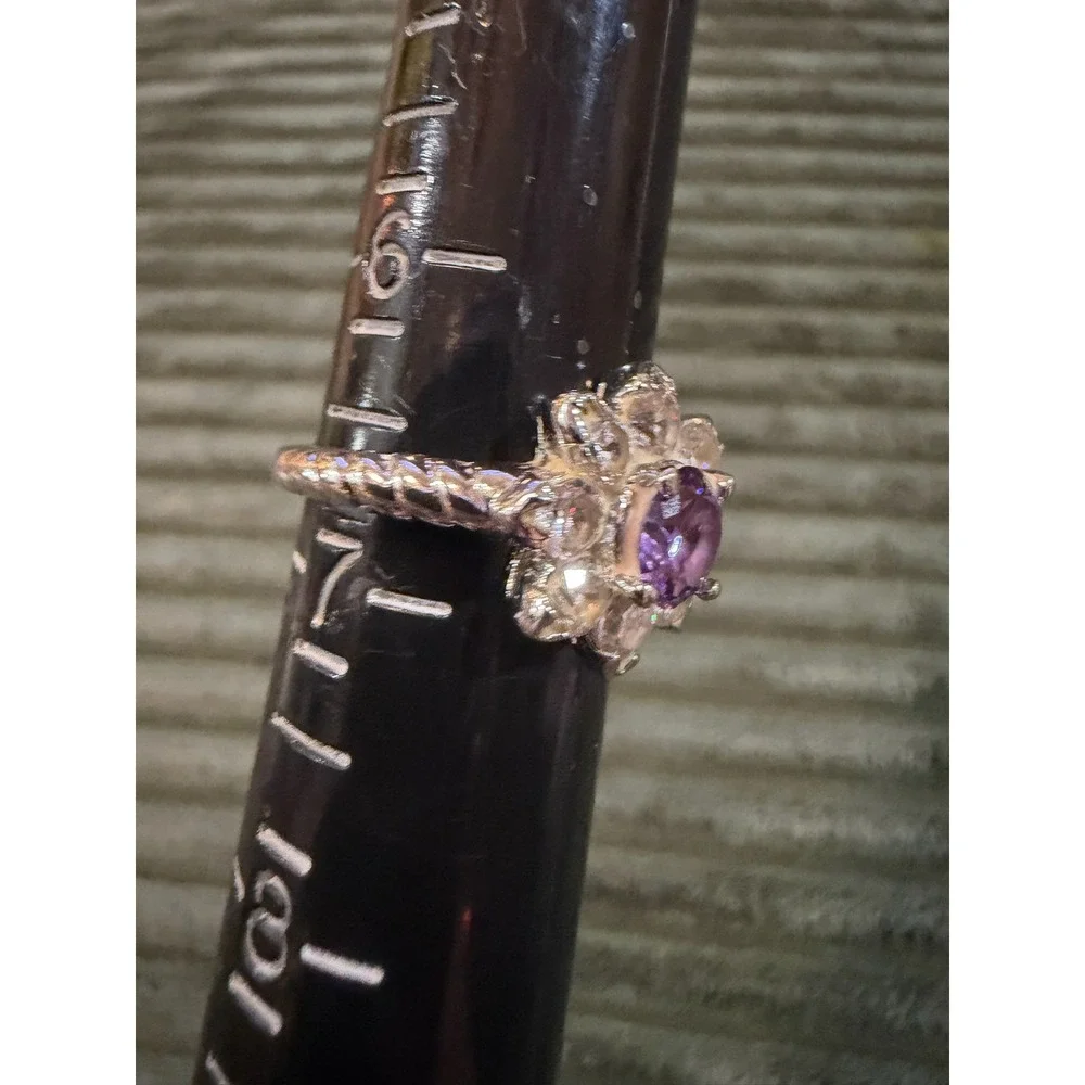 Sparkling Flower Ring Amethyst Saphire‎ Sterling Silver Statement Ring